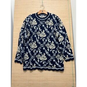 VTG Women's Large Navy Tan Floral‎ Pattern Long Sleeve Knit Sweater Made in USA